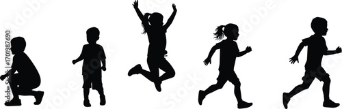 Kids silhouette playing outdoors, children running, jumping, walking, squatting, vector illustration, active lifestyle, happy childhood, exercise, fun, energy, movement