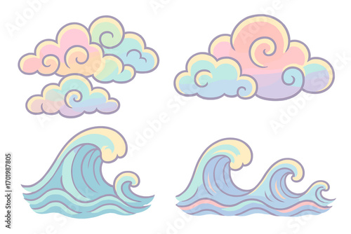 Japanese style pastel clouds and waves. Cute kawaii vector set. Whimsical cartoon collection with fantasy swirls. Decorative water, sea, and sky elements illustration.