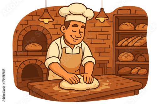 Baker kneading dough in rustic bakery kitchen. Artisan chef making fresh bread. Traditional brick oven. Cartoon character cooking food. Vector illustration concept.