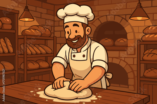 Baker man kneading dough for fresh bread. Cartoon chef character in a rustic bakery kitchen. Professional making artisan loaf. Baking process concept. Handmade food preparation.