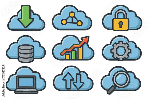 Cloud computing icon set. Digital technology services concept. Vector icons for data management, analytics, security, database storage, network, processing, search, upload, download.