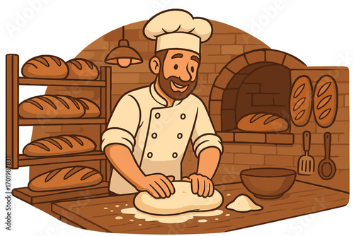 Male baker kneading dough in a rustic bakery kitchen. Professional chef in uniform at work. Man preparing bread loaf in a traditional bakehouse with a brick oven. Cartoon vector.
