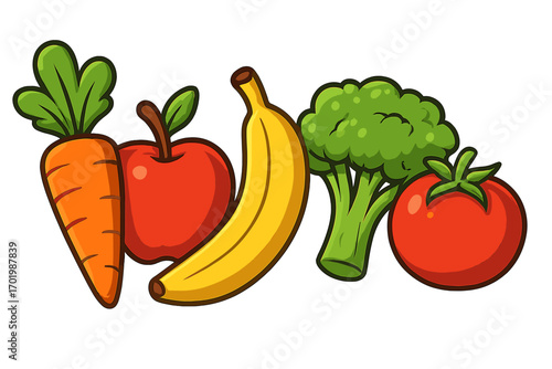 Healthy food collection with fruit and vegetables. Carrot, apple, banana, broccoli, tomato. Concept for nutrition, diet, organic grocery, vegan lifestyle. Vector cartoon isolated.