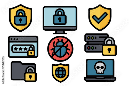 Cybersecurity icon set. Concept of data protection, internet safety, network security. Vector symbols for antivirus, firewall, password, server, hacking, malware, virus. Privacy, padlock, shield.
