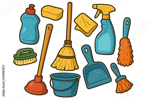 Cleaning service tools cartoon vector set. Household equipment for housework. House hygiene icons. Broom, bucket, spray, sponge, duster, plunger, dustpan illustration.