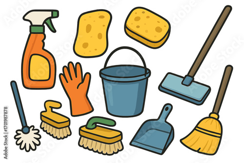 Cleaning tools vector set cartoon illustration. Household supplies collection with spray bottle, sponge, bucket, glove, mop, broom, dustpan, and brush for cleaning service.