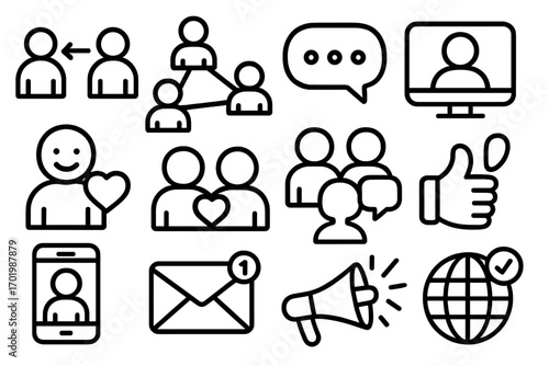 Social media marketing icon set. Digital communication outline icons. Network, community, chat, message, feedback and connection. Vector symbols for like, share, follow.