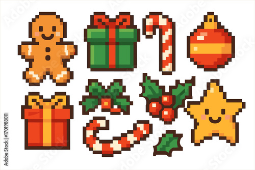 Christmas pixel art icon set. Holiday 8-bit symbols collection. Gingerbread man, gift, candy cane, star. Retro video game style vector illustration on white background.
