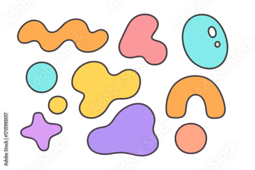 Set of abstract organic shapes and liquid forms. Collection of minimal trendy design elements in vibrant pastel colors. Vector cartoon illustration of groovy retro blobs and stickers.