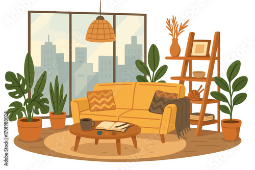 Cozy urban living room interior with yellow sofa, houseplants, and city view. Modern hygge apartment concept for relaxation and creative hobbies like knitting. Flat vector.