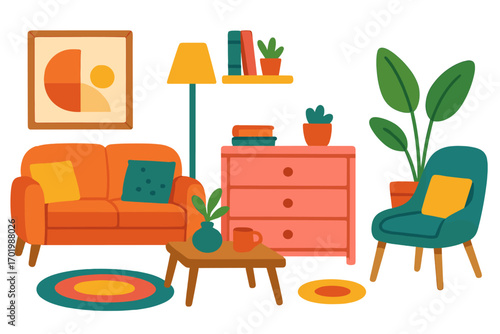 Cozy living room interior design set. Colorful modern furniture collection with sofa, armchair, lamp and plants. Flat cartoon vector illustration for home decoration concept.