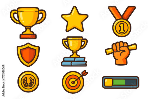 Game achievement icon set for gamification. Vector cartoon awards and rewards for UI UX design. Trophy, medal, star, target, and progress bar for level up or mission complete.
