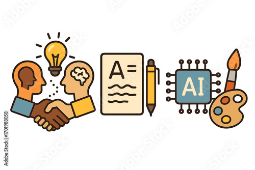 Creative collaboration and artificial intelligence concept. AI and human synergy in artistic communication and innovation in design. Partnership symbol with handshake, brain, idea.