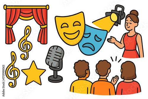 Theater performance icon set with drama masks, stage curtain, actress, and audience. Vector cartoon symbols for live show, entertainment, festival, and concert concepts.