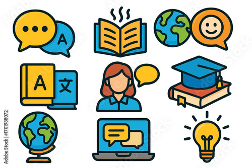 Education and language learning icon set. Vector illustration for online courses, translation, communication. Symbols for school, university, study, knowledge, and global interaction.