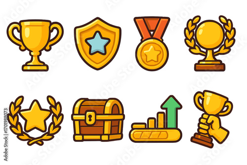 Gaming achievement awards icon set. Golden trophy cup, prize medal, winner shield, success laurel, and treasure chest. Game level up progress bar. Vector cartoon assets.