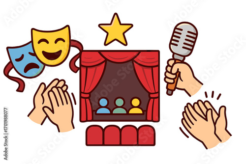 Theater performance icons set. Stage, curtains, comedy tragedy masks, applause, microphone for show, concert or stand-up. Entertainment, acting, and audience concept vector.