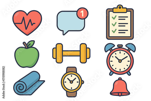 Health and fitness lifestyle icon set. Vector cartoon icons for wellness, time management, productivity. Heartbeat, apple, dumbbell, clock, yoga mat, and notification symbols.