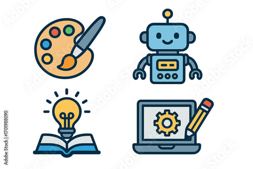 Set of vector icons for STEAM education. Art, robot, creativity, knowledge, and technology symbols. Innovation in learning. Paint palette, lightbulb, laptop and cute bot.