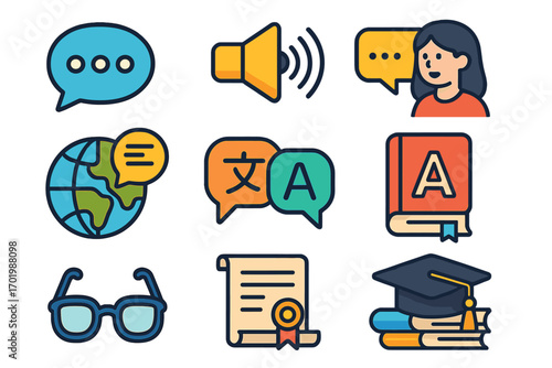 Language learning and education icon set. Vector icons for communication, translation, graduation, university study. Global communication, diploma, and online learning symbols.