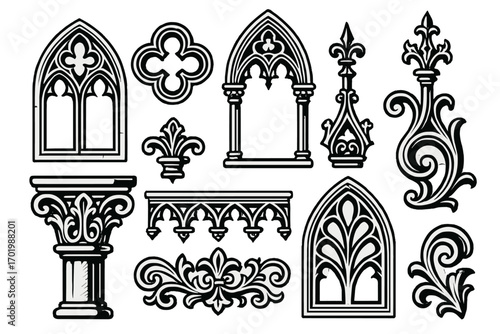 Gothic architectural elements set. Medieval decorative ornament collection. Cathedral window, arch, column capital, fleur-de-lis. Vintage black and white vector icons.