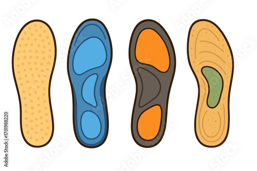Set of various shoe insoles. Orthopedic insoles for comfort, health and foot support. Orthotics for flat feet treatment and plantar fasciitis. Vector illustration collection.