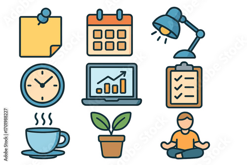 Work-life balance and productivity vector icon set. Business and wellness icons for time management, planning, office tasks, analytics, mindfulness and mental health.