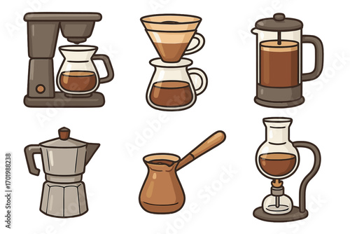 Vector set of coffee brewing methods. Cartoon illustration of coffee equipment: drip machine, pour-over, french press, moka pot, turkish cezve, and siphon brewer icons.