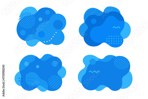 Set of blue abstract liquid shapes with texture. Modern flat graphic design elements. Dynamic fluid amoeba blobs for background, banner or creative project. Vector illustration.