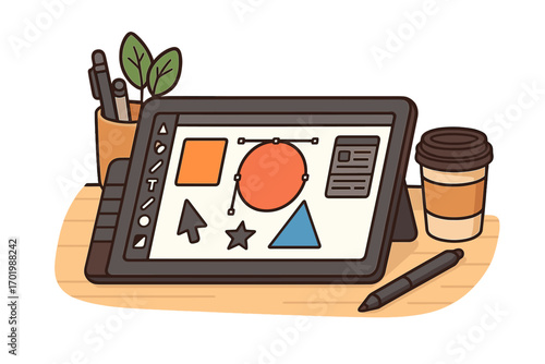 Graphic design workspace with a digital drawing tablet and pen. Vector illustration of a creative process, user interface design, editing tools, and creating geometric shapes.