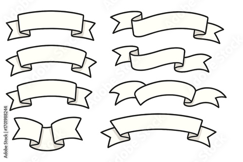 Vector set of blank ribbon banners in various shapes and styles. Hand-drawn cartoon scrolls for text and titles. Retro design elements for labels, tags, and decoration.