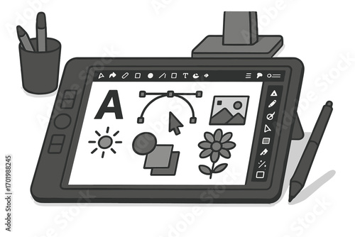 Graphic design digital drawing tablet with pen. Vector illustration software with editing tools and elements on screen. Creative artist workspace setup. Modern technology concept.