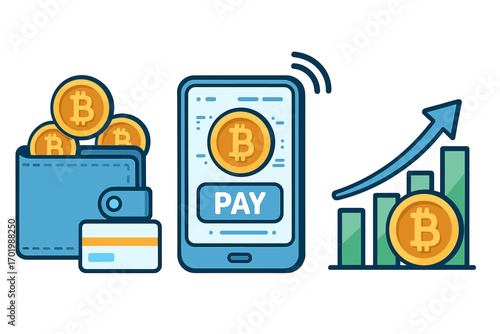 Bitcoin digital payment vector set. Cryptocurrency wallet with coins, smartphone app with pay button, and financial growth chart. Crypto investment and blockchain technology concept.