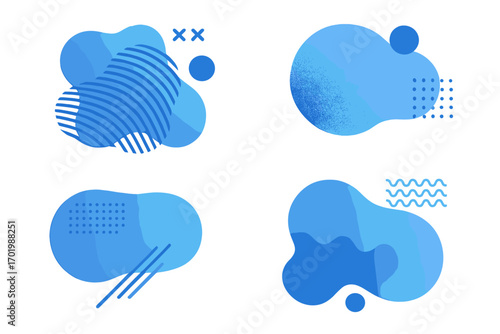 Set of blue abstract liquid shapes with geometric patterns. Modern fluid amoeba with gradient and texture for banner, poster, or background design. Vector graphic element.