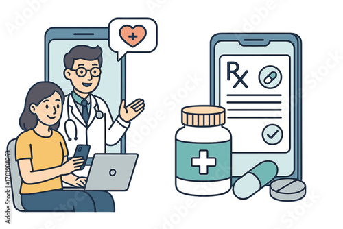 Telemedicine concept. Online doctor consultation via smartphone. Digital healthcare technology. Patient video call with physician. E-prescription service and online pharmacy.