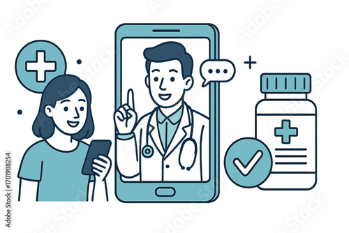 Online doctor consultation and telehealth concept. Patient video call with a physician on a smartphone for virtual medical advice, support, and digital e-prescription.