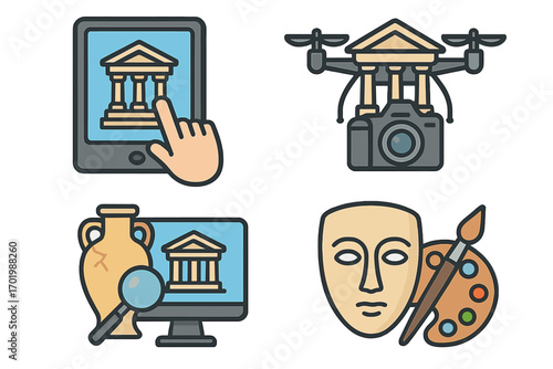 Cultural heritage preservation icon set. Digital technology for museums, art history. Concepts for virtual tours, drone scanning, online research, creative expression vector.