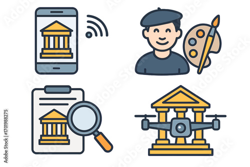 Cultural heritage preservation icon set. Technology in museum conservation. Vector icons of artist, drone survey, digital research and online virtual tour of ancient landmark.