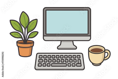 Workspace vector illustration with computer, keyboard, coffee cup, and plant. Modern home office or freelance desk setup concept. Digital creative workplace elements.