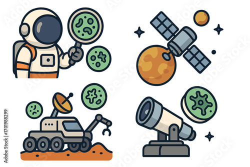 Space exploration icon set with astronaut, rover, satellite, telescope. Astrobiology concept of discovering alien life, microorganisms, bacteria on planets. Vector cartoon.