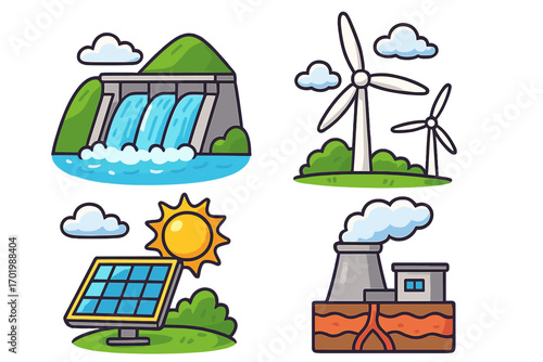 Renewable energy sources icon set. Green power generation concept. Hydroelectric dam, wind turbine, solar panel, geothermal plant. Vector cartoon illustration collection.