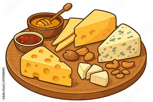 Cheese platter with assortment of cheeses, honey, jam and nuts. Cartoon vector of a gourmet appetizer charcuterie board. Swiss, blue cheese. Food tasting dairy snack.
