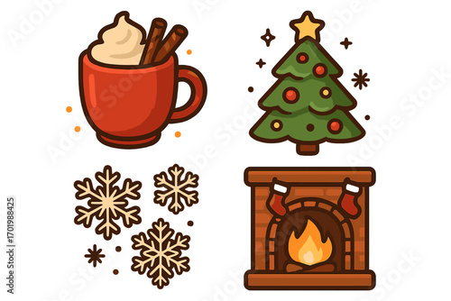 Christmas icon set with cozy winter elements. Vector cartoon illustration of hot chocolate mug, decorated tree, snowflakes and fireplace. Festive holiday clipart collection.