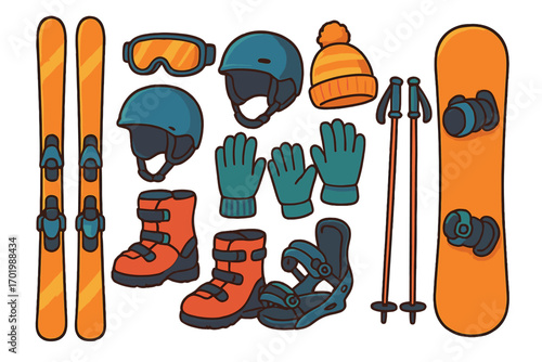Skiing and snowboarding equipment set. Winter sports gear collection with skis, snowboard, helmet, goggles, and boots. Vector cartoon illustration of alpine activity items.