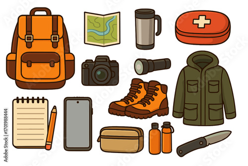 Vector collection of essential hiking and camping equipment. Outdoor adventure gear for travel and survival, including backpack, boots, map, camera, and first aid kit.
