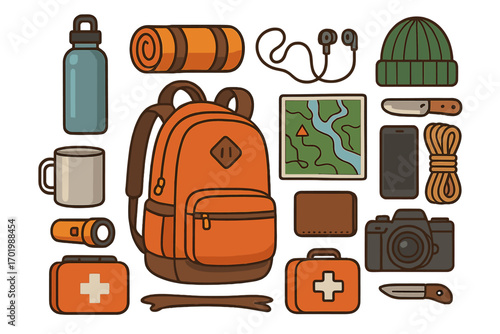 Essential backpack items for outdoor adventure and travel. Hiking and camping gear vector set. Survival equipment including map, knife, first aid kit. Flat lay cartoon icons.