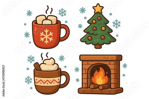 Christmas winter cozy icon collection. Festive holiday cartoon vector illustration set with hot chocolate, coffee mug, fireplace, decorated tree. Warm seasonal drink.
