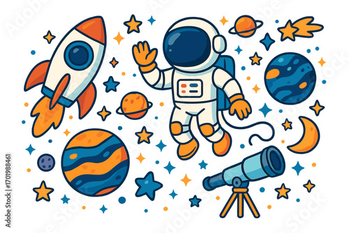 Cartoon space exploration set with astronaut, rocket, planets, and telescope. Vector cosmic adventure elements. Galaxy discovery graphic collection for kids. Universe icon pack.