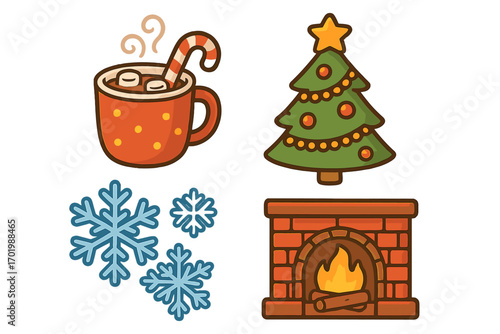 Christmas holiday icon set. Festive winter vector cartoon collection with cozy fireplace, hot chocolate mug, decorated tree and snowflakes. Warm hygge Christmas Eve elements.
