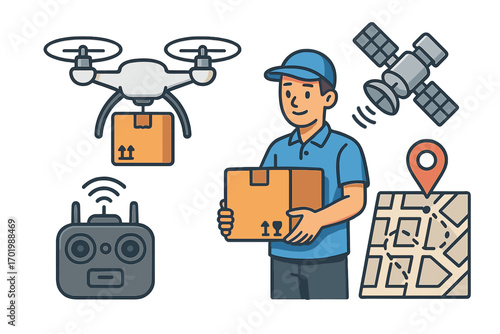 Drone delivery logistics icon set. Courier with package, quadcopter, remote control, satellite, and GPS map. Modern shipping technology and autonomous distribution concept.